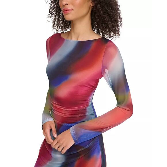 Vince Camuto Ruched Mesh Midi Bodycon Dress Long Sleeve Multi Size16 NWOT - Picture 4 of 12